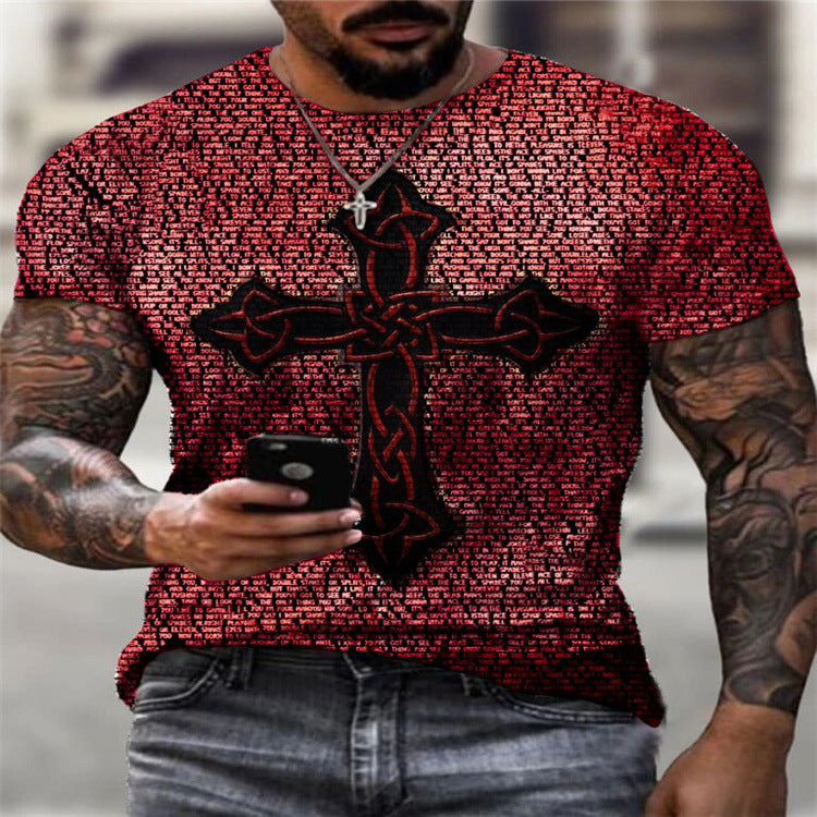 Retro Cross Print T-Shirt | Loose Fit Round Neck Tee – Men