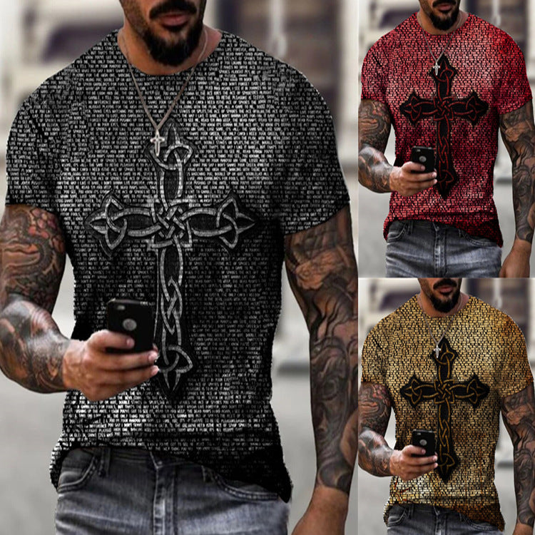 Retro Cross Print T-Shirt | Loose Fit Round Neck Tee – Men