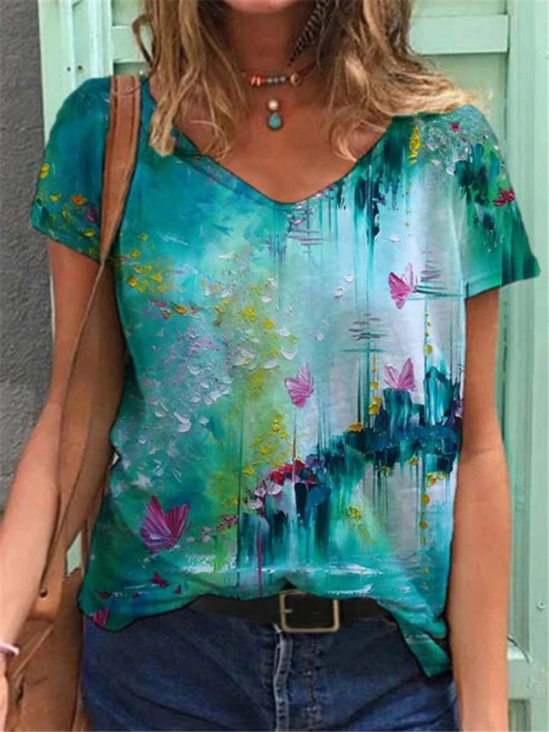 Women's Graphic Print V-Neck T-Shirt Loose Short Sleeve – AdriaPulse