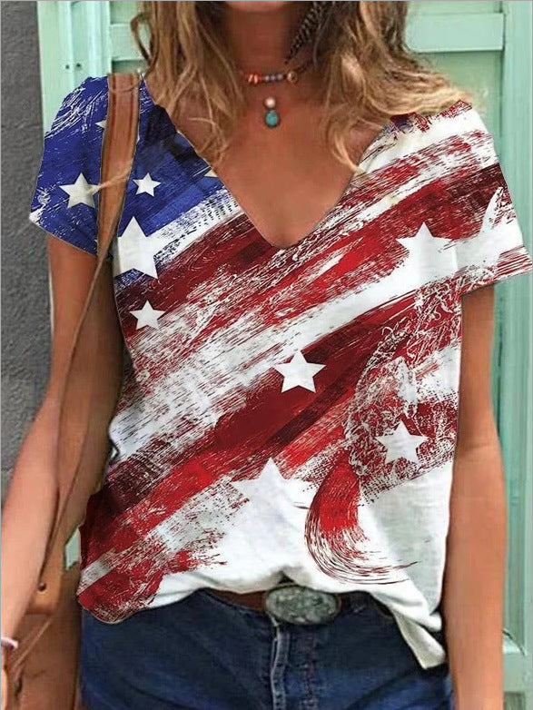 Women's Graphic Print V-Neck T-Shirt Loose Short Sleeve – AdriaPulse