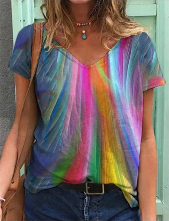 Women's Graphic Print V-Neck T-Shirt Loose Short Sleeve – AdriaPulse