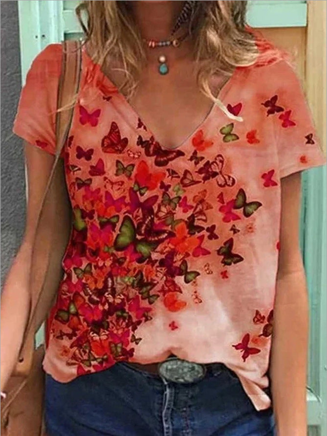 Women's Graphic Print V-Neck T-Shirt Loose Short Sleeve – AdriaPulse