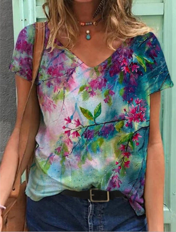 Women's Graphic Print V-Neck T-Shirt Loose Short Sleeve – AdriaPulse