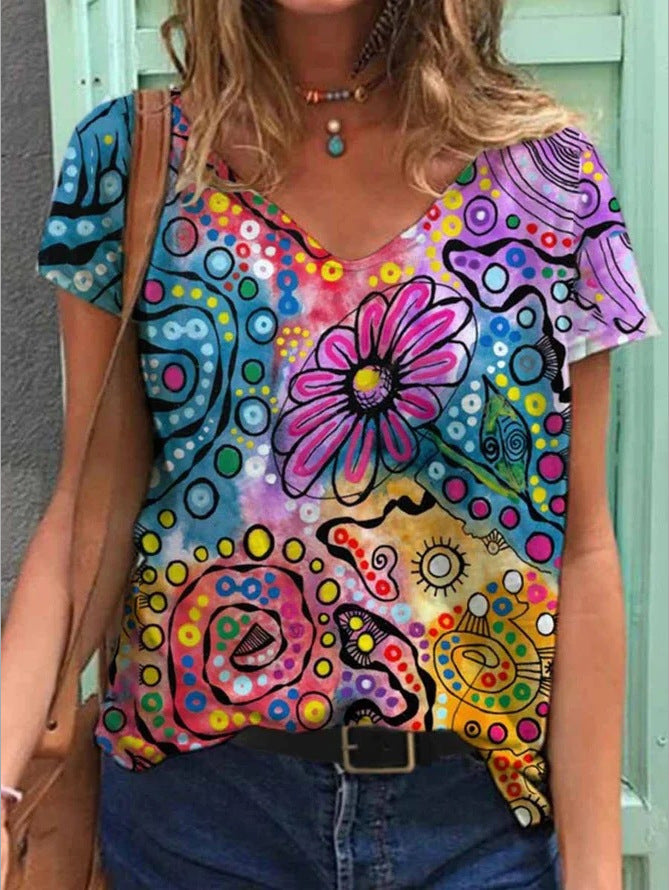 Women's Graphic Print V-Neck T-Shirt Loose Short Sleeve – AdriaPulse