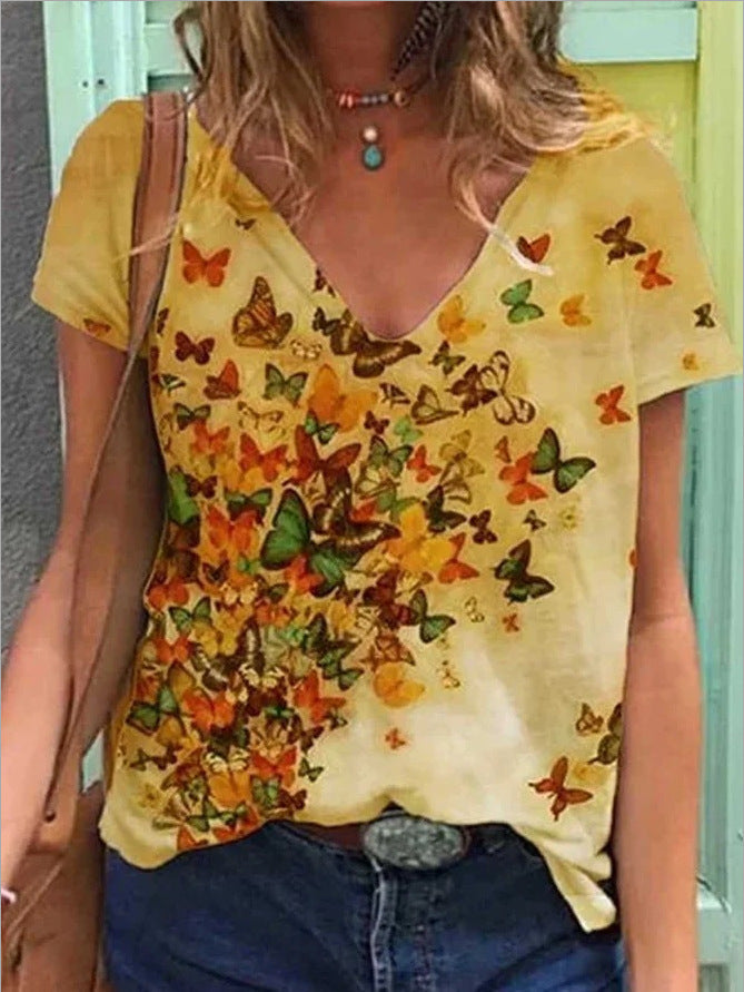 Women's Graphic Print V-Neck T-Shirt Loose Short Sleeve – AdriaPulse