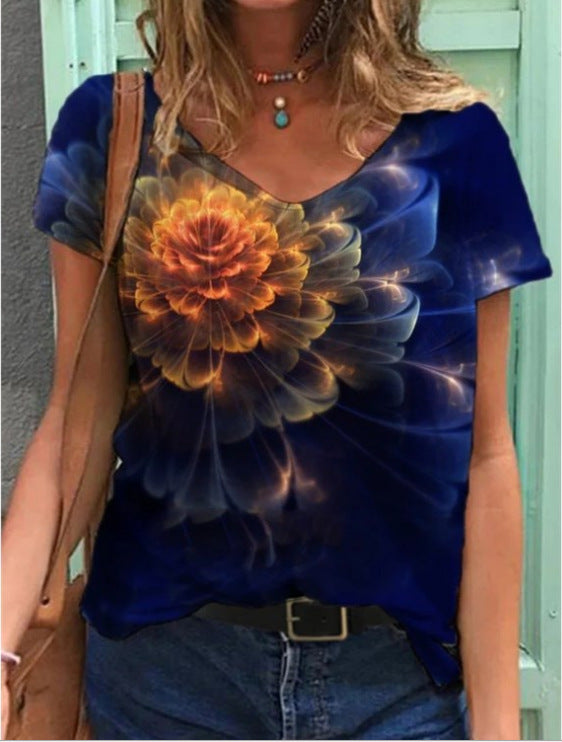 Women's Graphic Print V-Neck T-Shirt Loose Short Sleeve – AdriaPulse