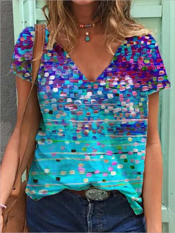 Women's Graphic Print V-Neck T-Shirt Loose Short Sleeve – AdriaPulse