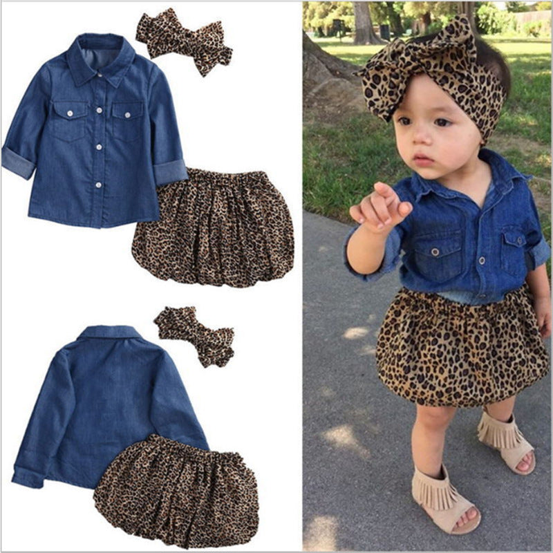 Girls' Denim Shirt Tulle Overlay Dress with Headband – Long Sleeve Kids Jean Dress