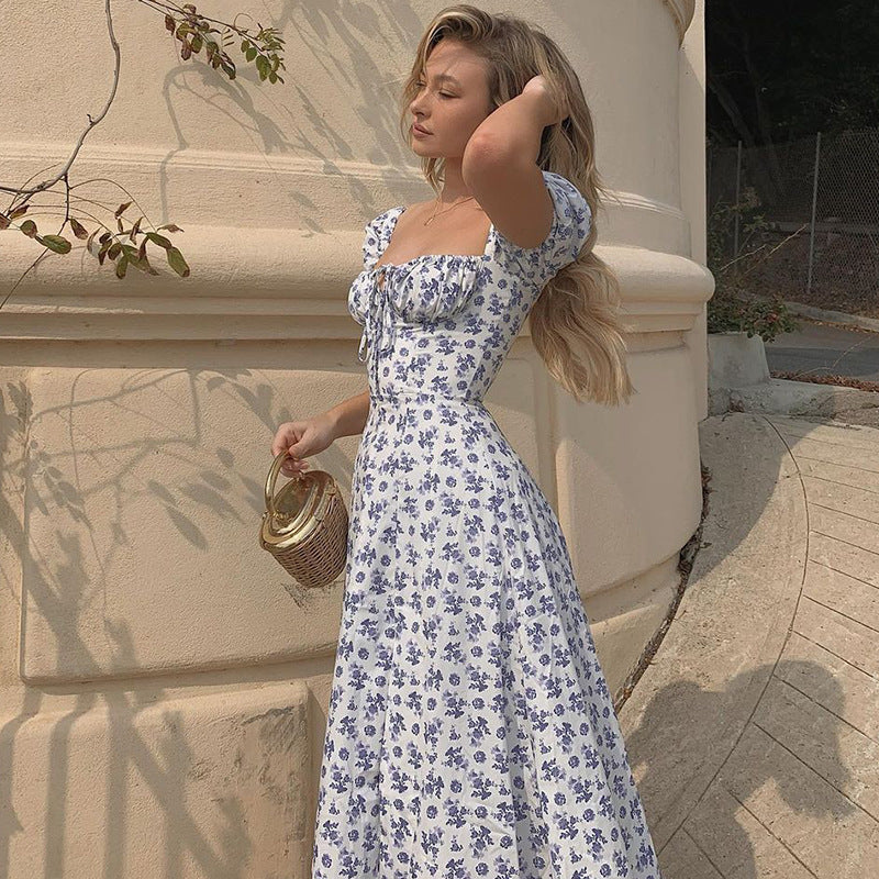 Maxikleid mit Blumenmuster und Puffärmeln – Damen-Partykleid