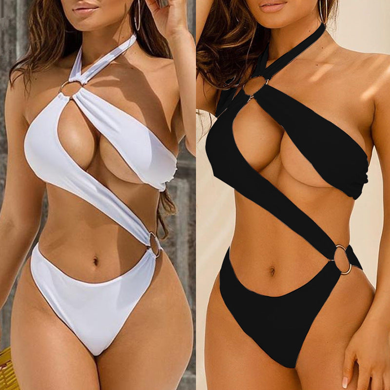 Women's One-Piece Metal Ring Strap Swimsuit High Waist – Black S | AdriaPulse