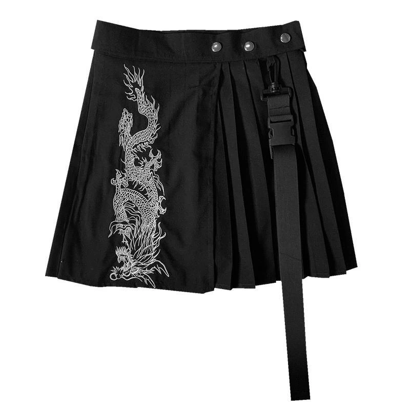 Jupe plissée brodée taille haute pour femme – Coton, Noir Argenté