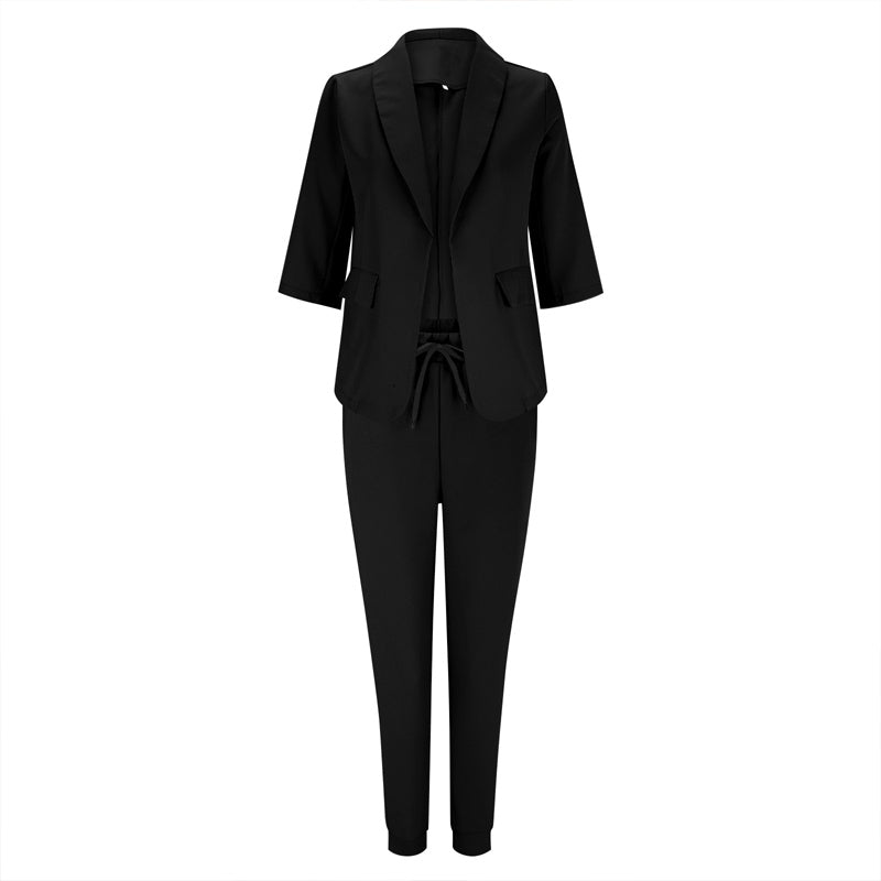 Women's Notch Lapel Blazer & Drawstring Pants Suit Set Business Casual – Black – Front View | AdriaPulse