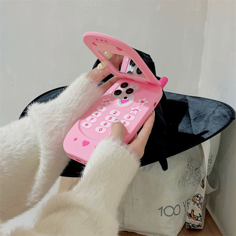 Flip Phone Mirror iPhone Case – Cute Y2K Silicone Cover for iPhone 11–15