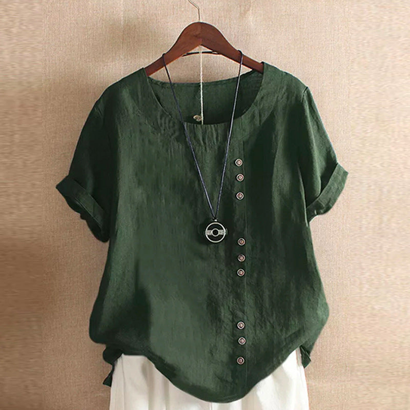 Women's Cotton Linen Short Sleeve T-Shirt Casual Spliced – AdriaPulse"
