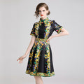 Damen A-Linien Midi-Kleid mit Blumenmuster – Kurzarm, Polokragen