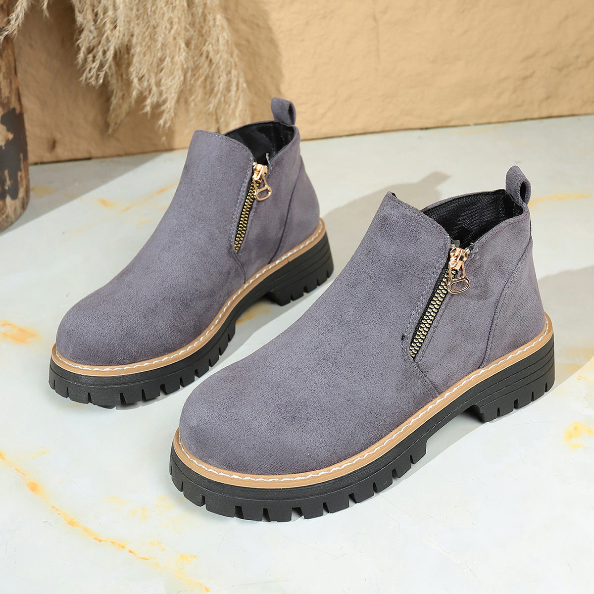 Women's Suede Chunky Ankle Boots – Block Heel Side Zipper | EU 36–43