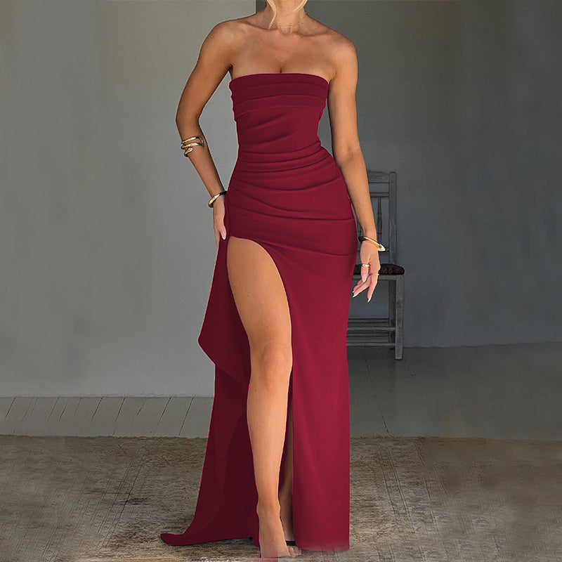 Women's Strapless Pleated Backless Maxi Dress with Split  AdriaPulse