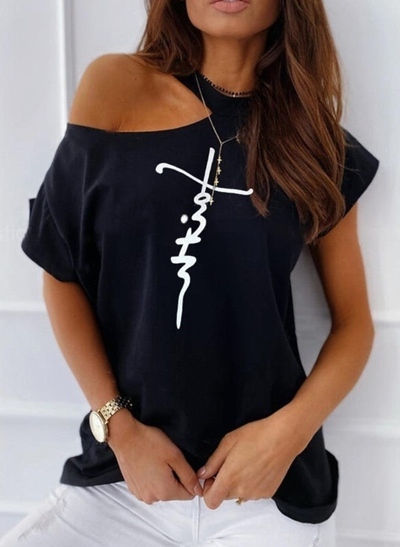 Women's Letter Print Off-Shoulder T-Shirt Short Sleeve Apricot Black Green Pink – AdriaPulse