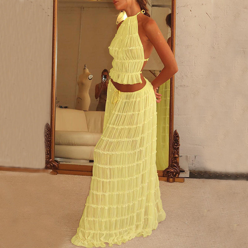 Women's Halter Crop Top & Pleated Maxi Skirt Set – Sexy Backless 2-Piece Beach Dress Suit