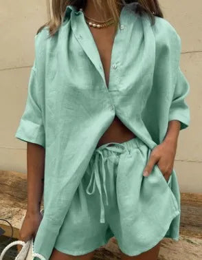 European and American 2024 Summer New Women's Solid Color Single breasted Short sleeved Shirt Two piece Set of Wide Leg Pants La