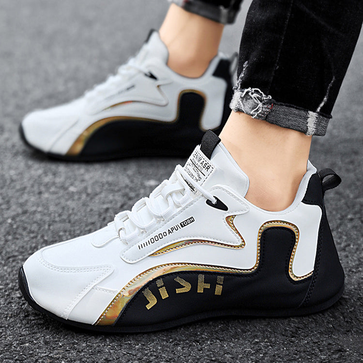 "Men's Fashion Colorblock Lace-Up Sneakers Leather Black White – AdriaPulse"