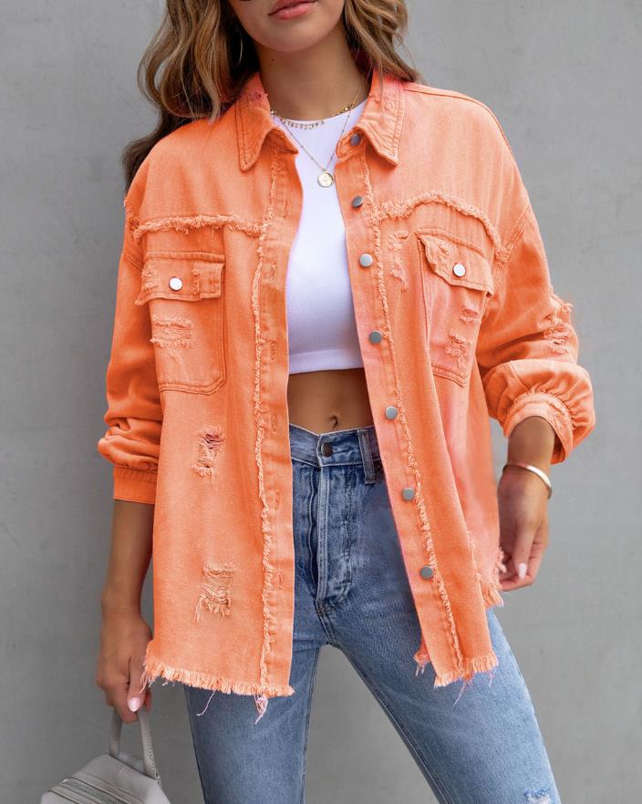 Women's Oversized Frayed Denim Shacket – Ripped Distressed Jean Jacket