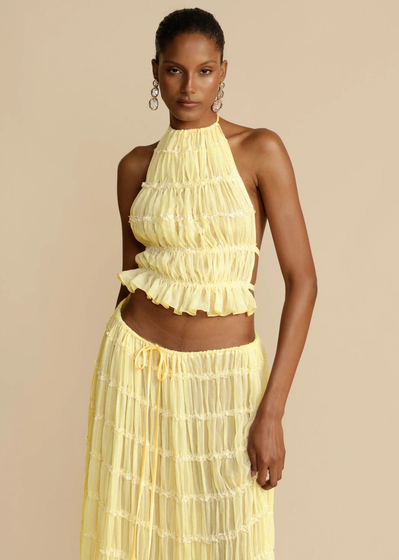 Women's Halter Crop Top & Pleated Maxi Skirt Set – Sexy Backless 2-Piece Beach Dress Suit