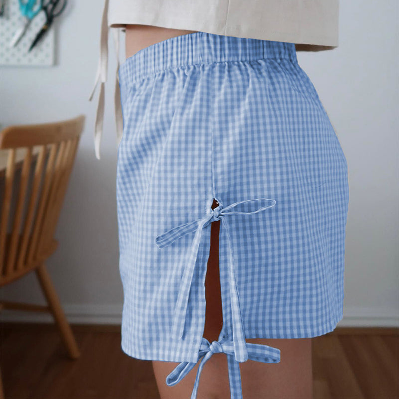 Damen Karierte Schnürshorts – Locker sitzende Y2K-Sommerhose mit elastischem Bund