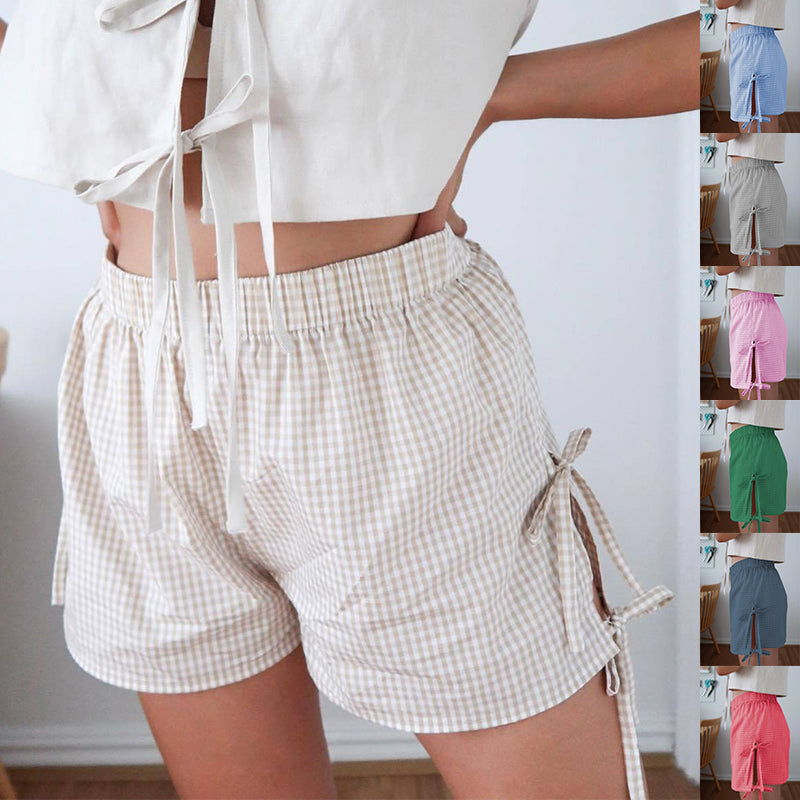 Damen Karierte Schnürshorts – Locker sitzende Y2K-Sommerhose mit elastischem Bund