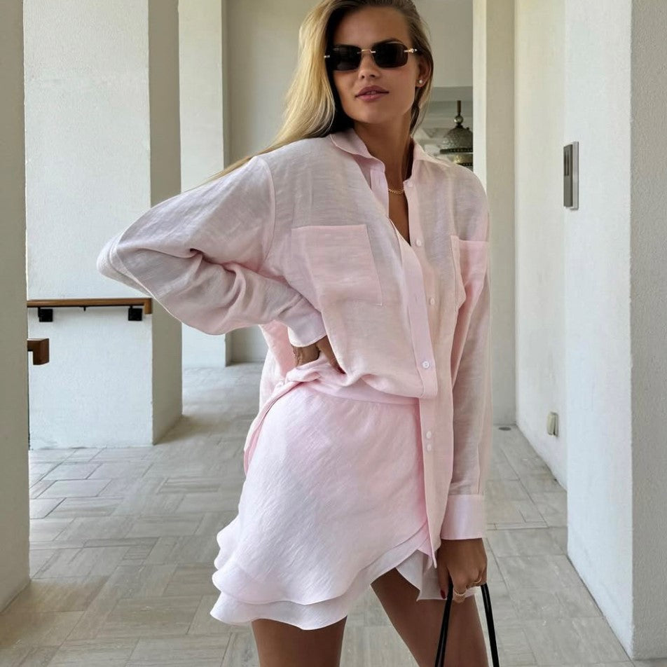 Women's Cotton Linen Beach Suit – Ruffle Long Sleeve Top & Skirt Set