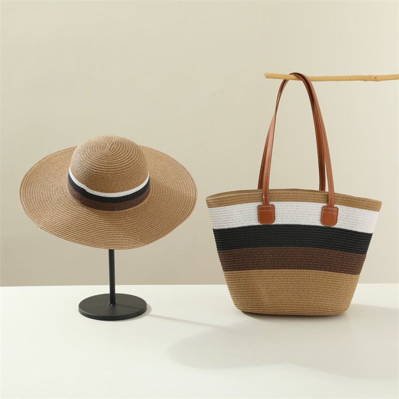 Women's Straw Beach Sun Hat & Shoulder Bag Set – Hand-Woven Boho Summer Accessory