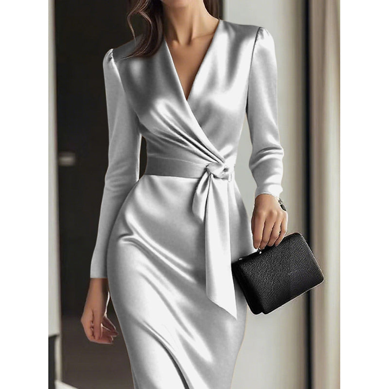 Women's Burgundy Satin Midi Dress V-Neck Long Sleeve Bodycon with Belted Waist Burgundy Front View – AdriaPulse