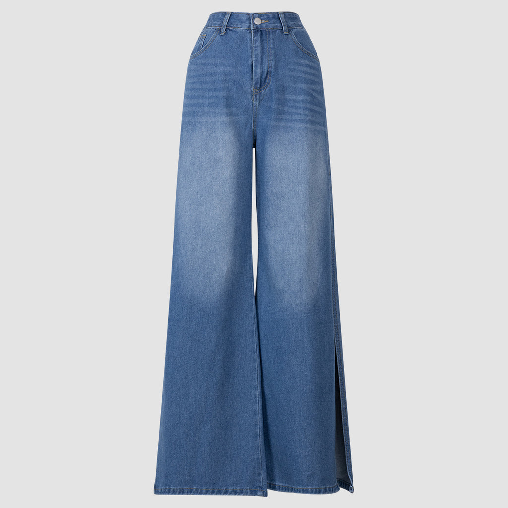 Blue Denim High - Waisted Ultra - Wide - Leg Jeans With Side Slit