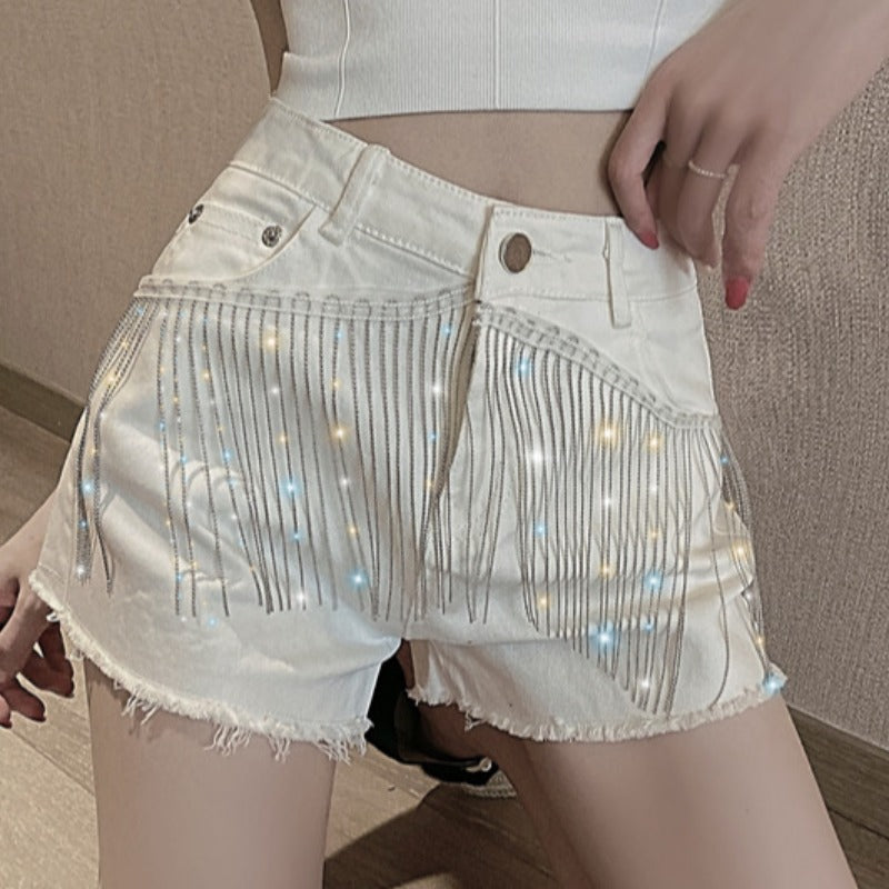 Damen High Waist Jeans-Shorts – Ketten- & Quasten-Detail | Schwarz & Weiß