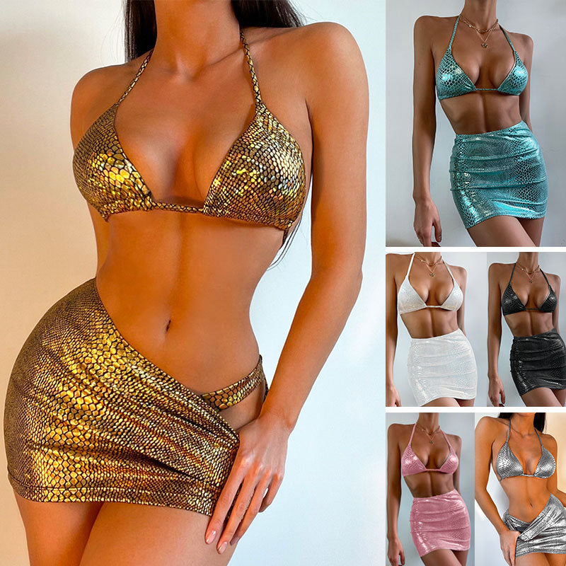 Damen 3-teiliges Neckholder-Bikini-Set mit Wickelrock – 8 Farben, S–XL