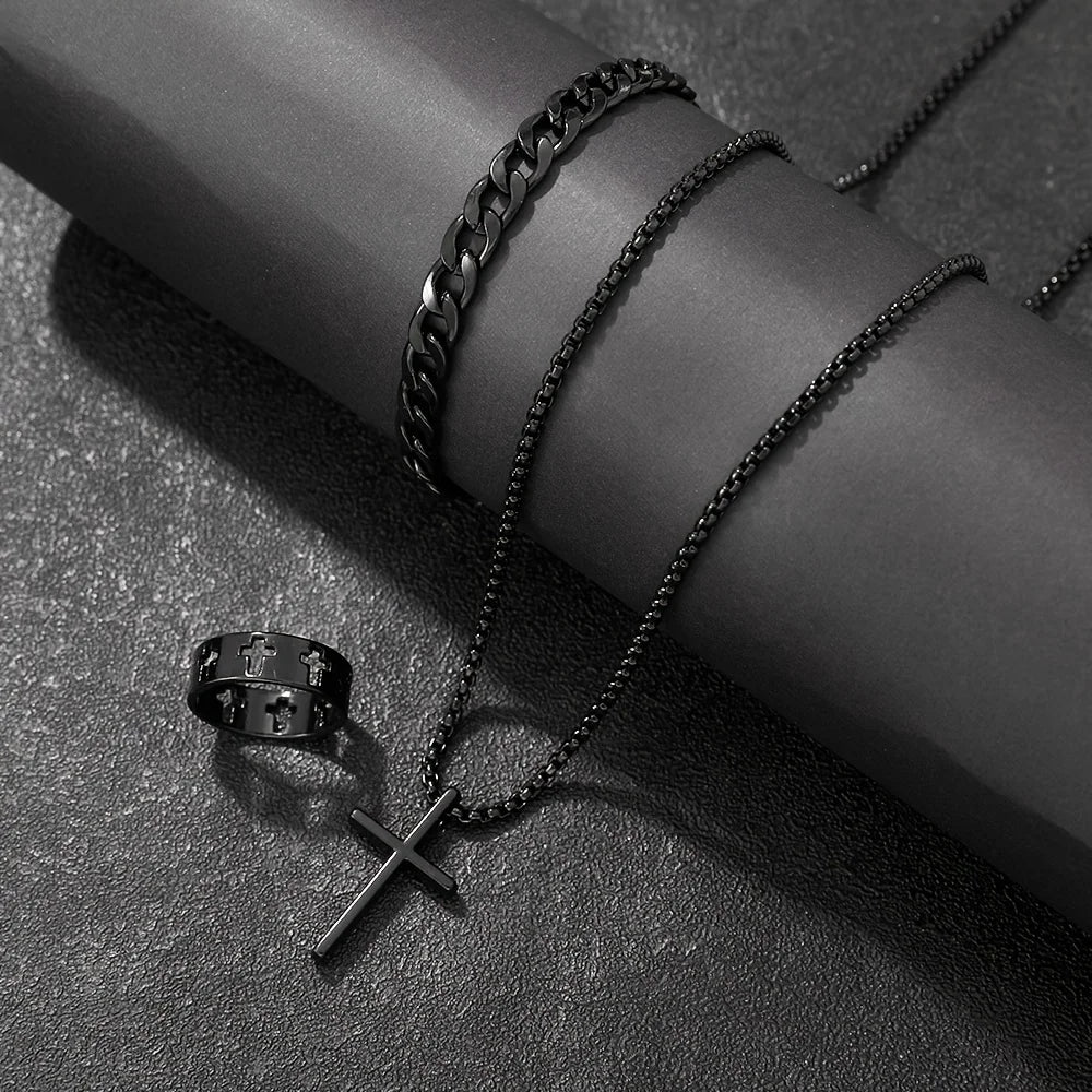Herren 3-teiliges Mode-Schmuckset aus Legierung – Kreuz-Anhänger Halskette, Armband & Ring Kombination