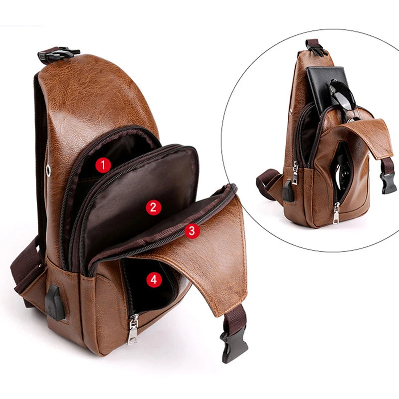 Men's Leather Crossbody Messenger Bag – Vintage Chest Sling Bag for Business & Casual