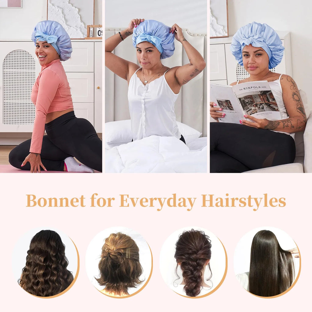 Blue silk satin sleep bonnet for women, adjustable double-layer hair bonnet for curly and natural hair – AdriaPulse"