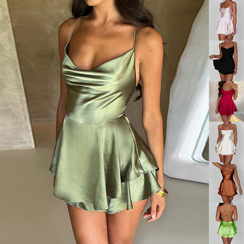 Satin Backless Suspender Mini Dress Women AdriaPulse 