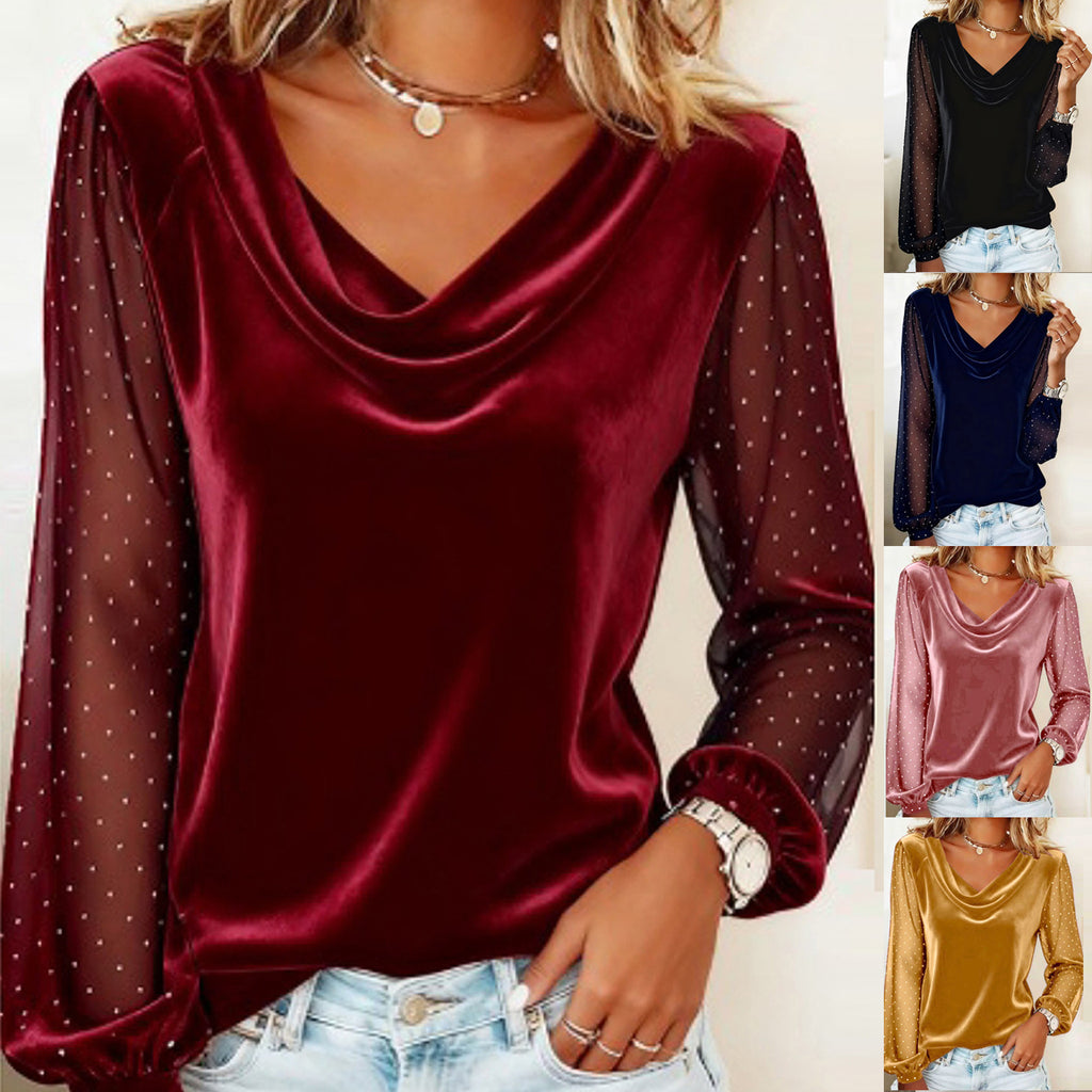 Haut Femme en Velours Col V Manches Longues | T-shirt Élégant en Maille Strass