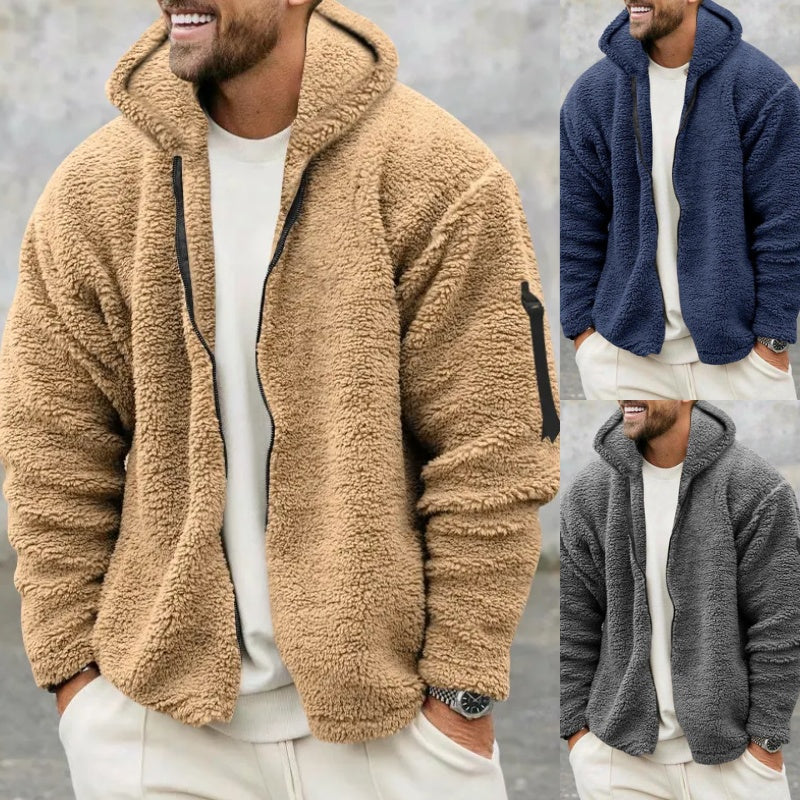 Herren-Plüsch-Kapuzenfleecejacke – Wendemantel mit zwei Seiten