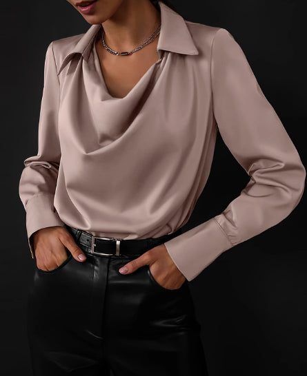 Collared Long Sleeve Solid Color Blouse Women Casual Business Top AdriaPulse
