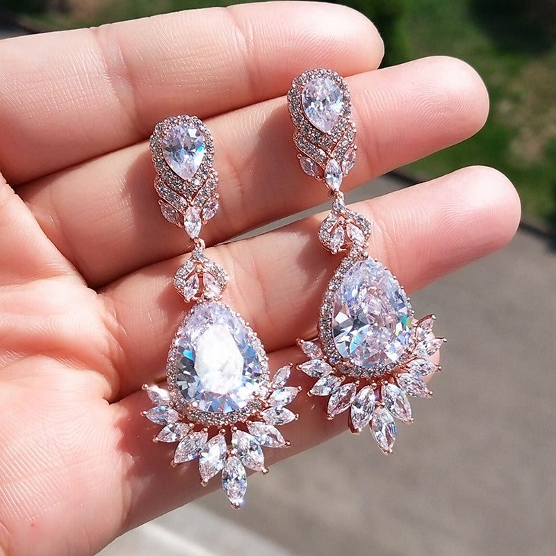 Women's AAA Zircon Floral Drop Earrings – Gold-Plated Gemstone, 5 Colors