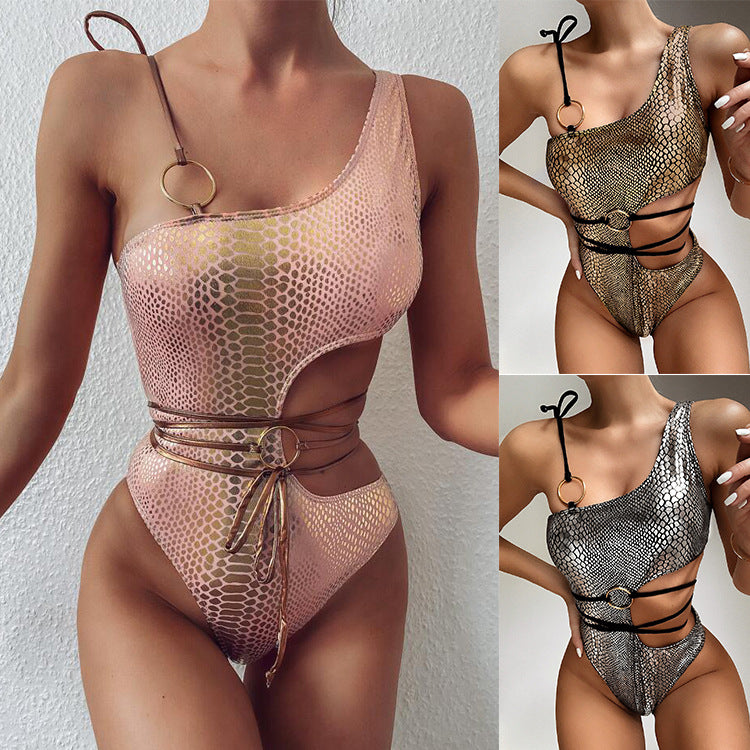 One-Shoulder Snake Print Bikini – Women's Nylon Swimwear