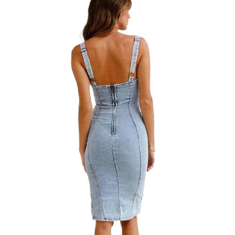 Women's Sling Split Stretch Denim Dress Irregular Midi Dress Black Front View – AdriaPulse