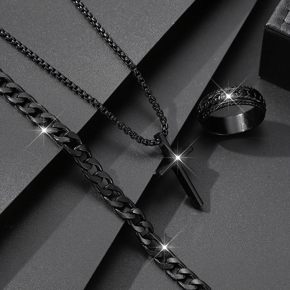 Herren 3-teiliges Mode-Schmuckset aus Legierung – Kreuz-Anhänger Halskette, Armband & Ring Kombination