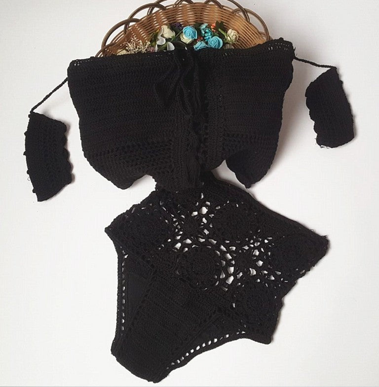 Gestricktes schulterfreies Bandeau-Bikini-Set | High-Waist-Bandage-Badeanzug für Damen – S bis L