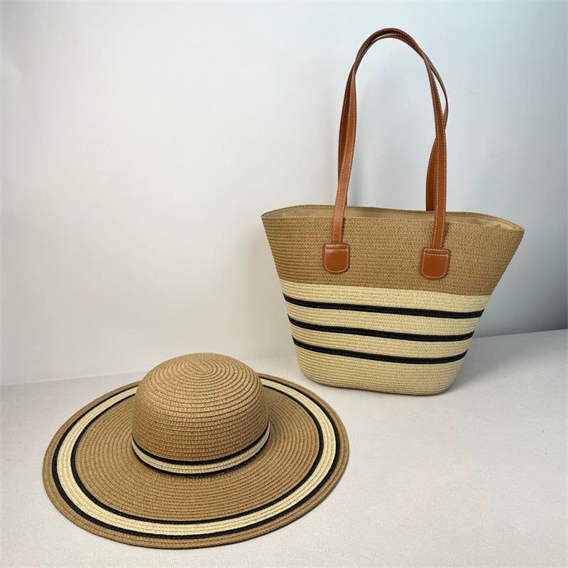 Women's Straw Beach Sun Hat & Shoulder Bag Set – Hand-Woven Boho Summer Accessory