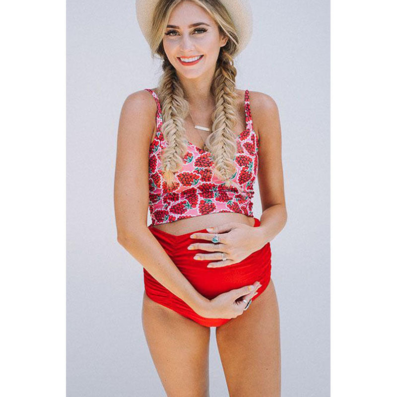 High Waist Maternity Swimwear Set | Women's Swimsuit & Swim Trunks – Red, S to XXL