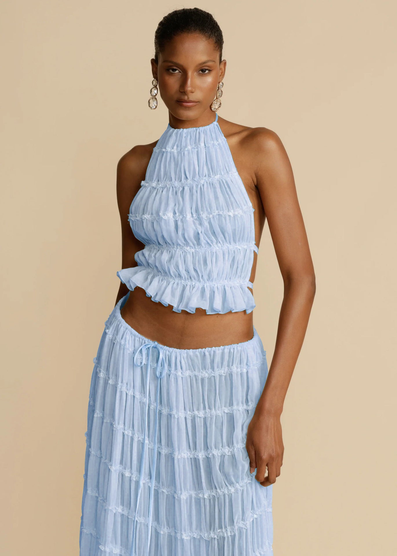 Women's Halter Crop Top Pleated Maxi Skirt Set Sexy Backless 2-Piece Beach Dress Suit – AdriaPulse
